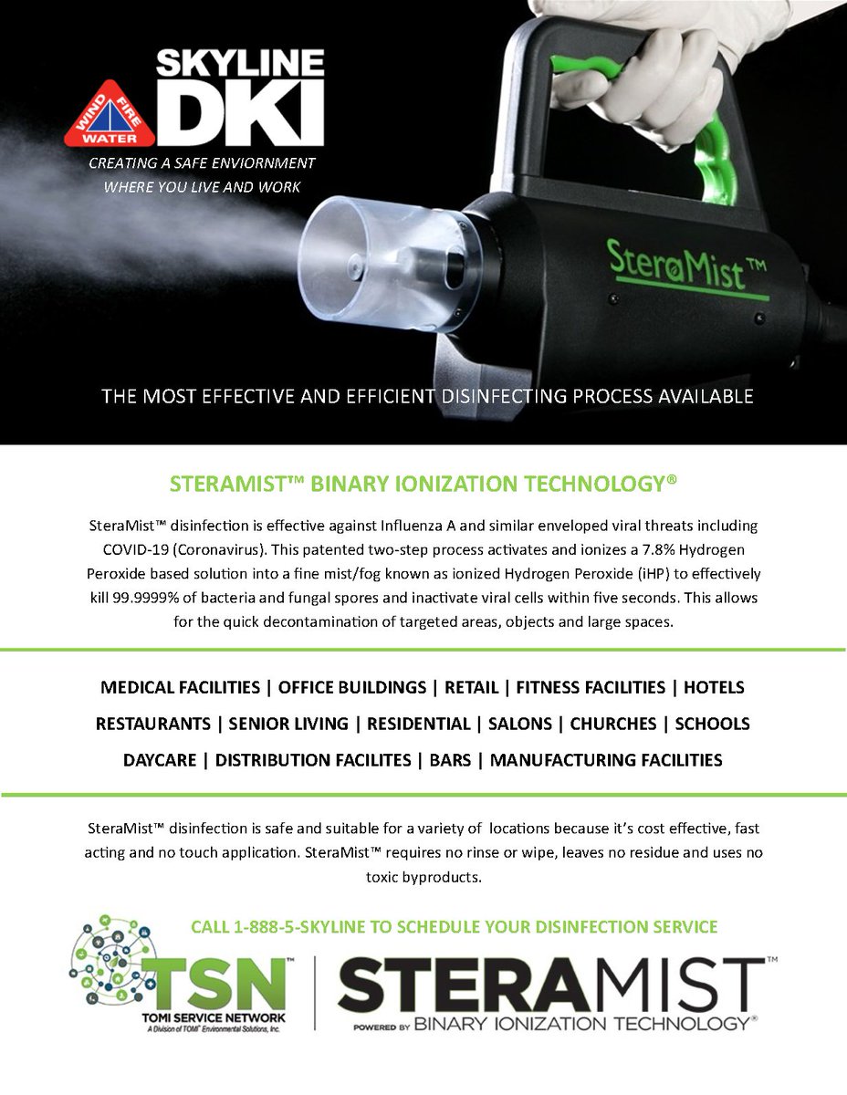 SkylineDKI's tweet photo. #steramistadvantage #effective #superiordisinfection #healthandsafety #efficient #covid19 #backtobusiness #skylinedki https://t.co/NIAe6QKoxp