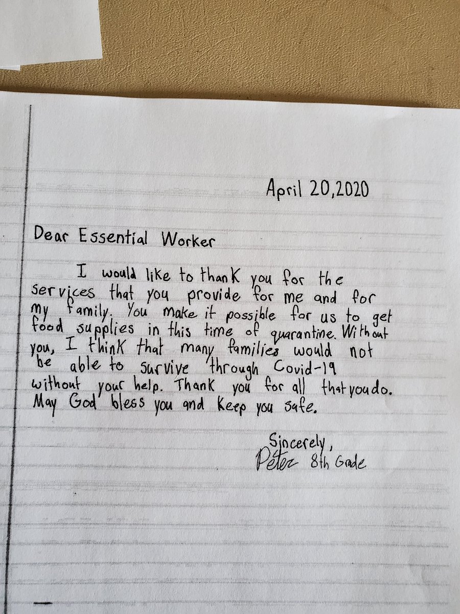 StellaMarisAcad's tweet photo. In the Middle School #EnglishLanguageArts class, students wrote thank you letters to the #EssentialWorkers at local grocery stores, hospitals and police departments, who continue to work along side the public during the COVID-19 pandemic #grateful #AnotherGreatDayAtSMA #SanDiego https://t.co/Spet70bXKl