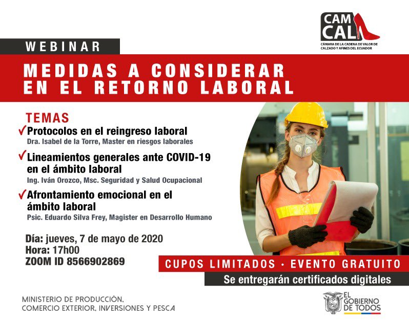 Produccion_Ecu's tweet photo. El #MPCEIP y #CAMCAL invitan a mipymes y artesanos a participar en la capacitación virtual “Medidas a considerar en el retorno laboral”. Conéctese con nosotros el próximo, jueves 7 de mayo, a las 17h00. https://t.co/NxLHPOXS2Q