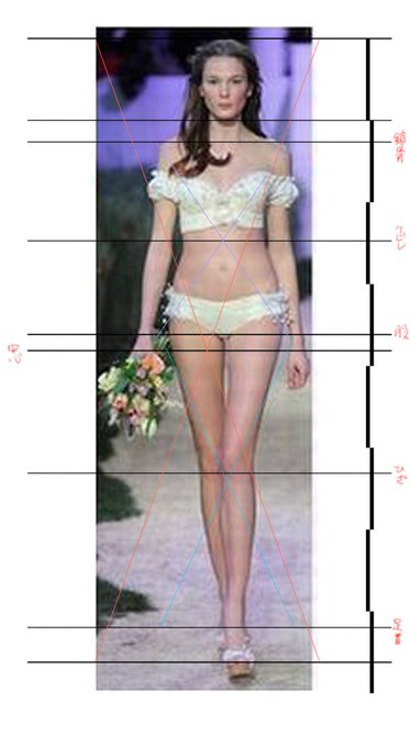 ほらやっぱり。

海外のファッションモデルのバランスを比較すると
・頭身の半分より股が高い
・股と足首の半分が膝下
・鎖骨と股の半分がクビレ

二次絵と全く同じプロポーションバランスだ。
二次絵はやはりファッションモデル体型なんだな。 