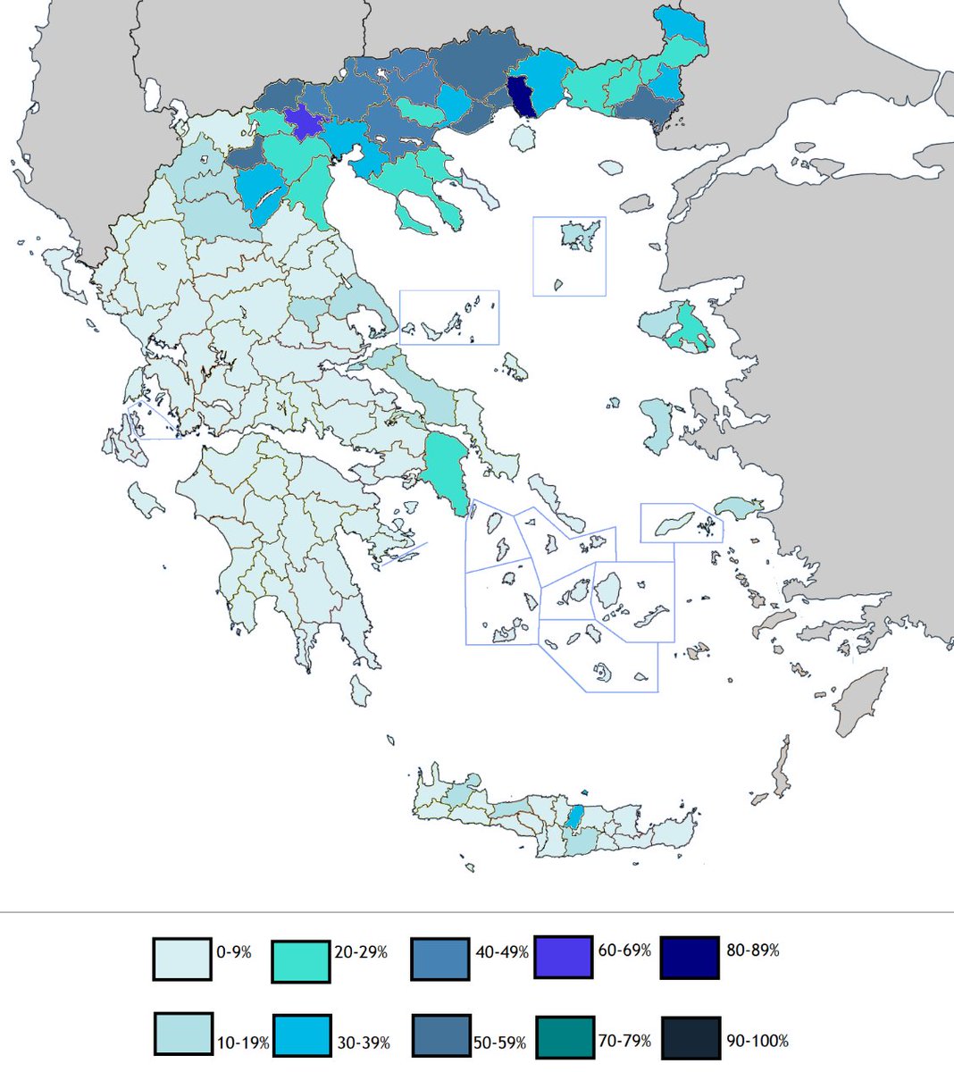 theocharisgr's tweet photo. "Farewell Anatolia: Refugees &amp; the Political Economy of New Greece". Map from my current research with Dimitrios Moschos @Dima_Aldar  the effects of the 1923 population exchange on Greek economy and politics --> Share of refugee population in Greek provinces, ELSTAT 1928. https://t.co/IVslDpPj3L
