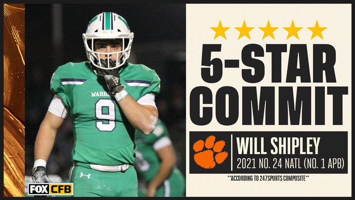 CFBONFOX's tweet photo. 🐅🙌 @willshipley2021 commits to @ClemsonFB!

The No. 1 APB in the 2021 class chooses the Tigers over Duke, Notre Dame, North Carolina, N.C. State and Stanford. https://t.co/l31gdZjG57
