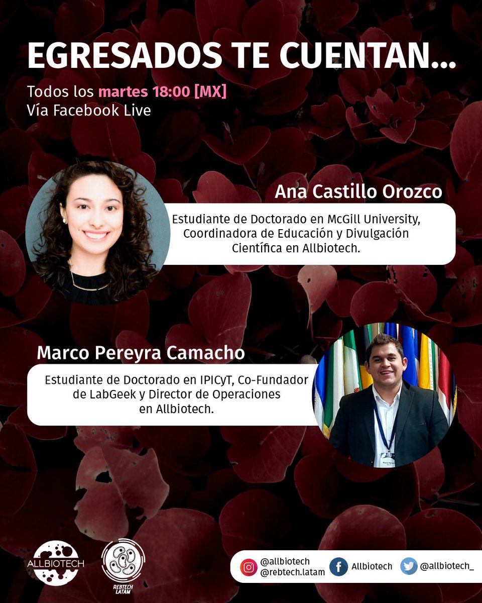 ADNDaniel's tweet photo. Hoy entrevistaremos a @2091_ana y a @marco_pc23 en la primera edición de nuestras charlas con egresados de #biotecnología. 

Este es un proyecto de colaboración entre @allbiotech_ y #REBTECH.

Sigue la conversación hoy y todos los martes a las 18 GMT-5 en https://t.co/ZyKwop85Oj https://t.co/voASK3u6eV