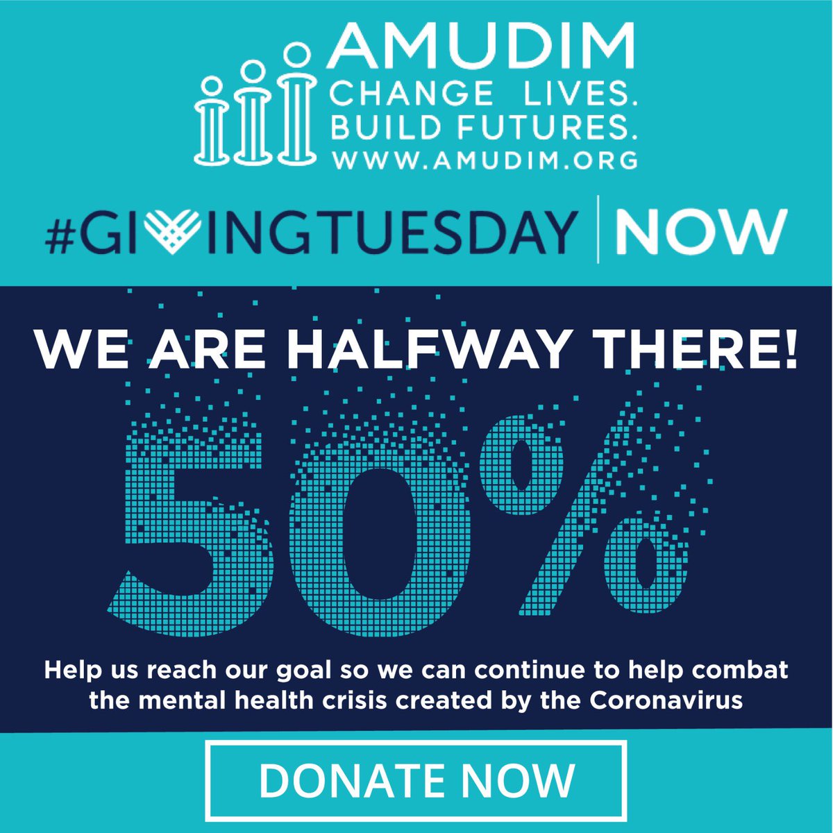 AmudimOrg's tweet photo. We are halfway there! Thank you for helping us reach 50% of our fundraising goal. Let’s keep going and get to 100%!! Every dollar is matched and goes directly to serve individual needs related to the COVID-19 crisis. Please donate now: https://t.co/BbQ2rqQoCO #GivingTuesdayNow https://t.co/Kr0eNQHmDI