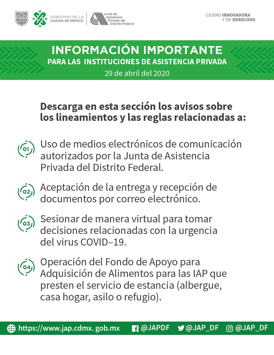 JAP_CDMX's tweet photo. Descarga 👉https://t.co/BANZM90iQN los avisos sobre:
-Uso de medios electrónicos autorizados por la #JAPDF
-Aceptación de la entrega y recepción de documentos por mail
-Sesiones vía remota tomar decisiones relacionadas al #COVID19mx
-Fondo de Apoyo para Adquirir Alimentos https://t.co/UmqDm37HjC