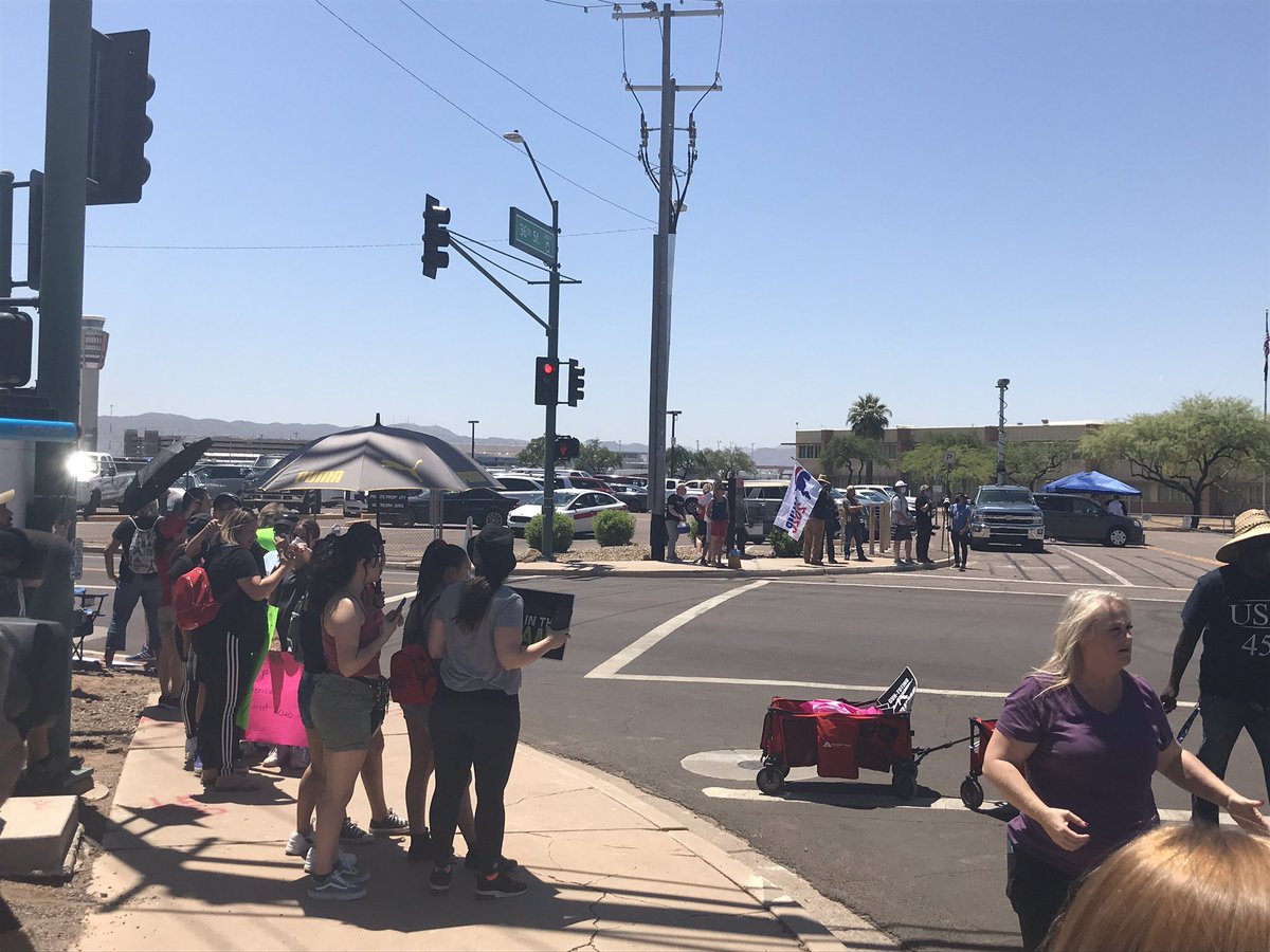 It’s 12:19 pm. I’ve heard Air Force One has landed.Dozens of folks in  #MAGA gear and other apparel in support of the Pres.  @realDonaldTrump are lined up in the hopes of seeing the president as he enters  @Honeywell_Aero.  @azcentral