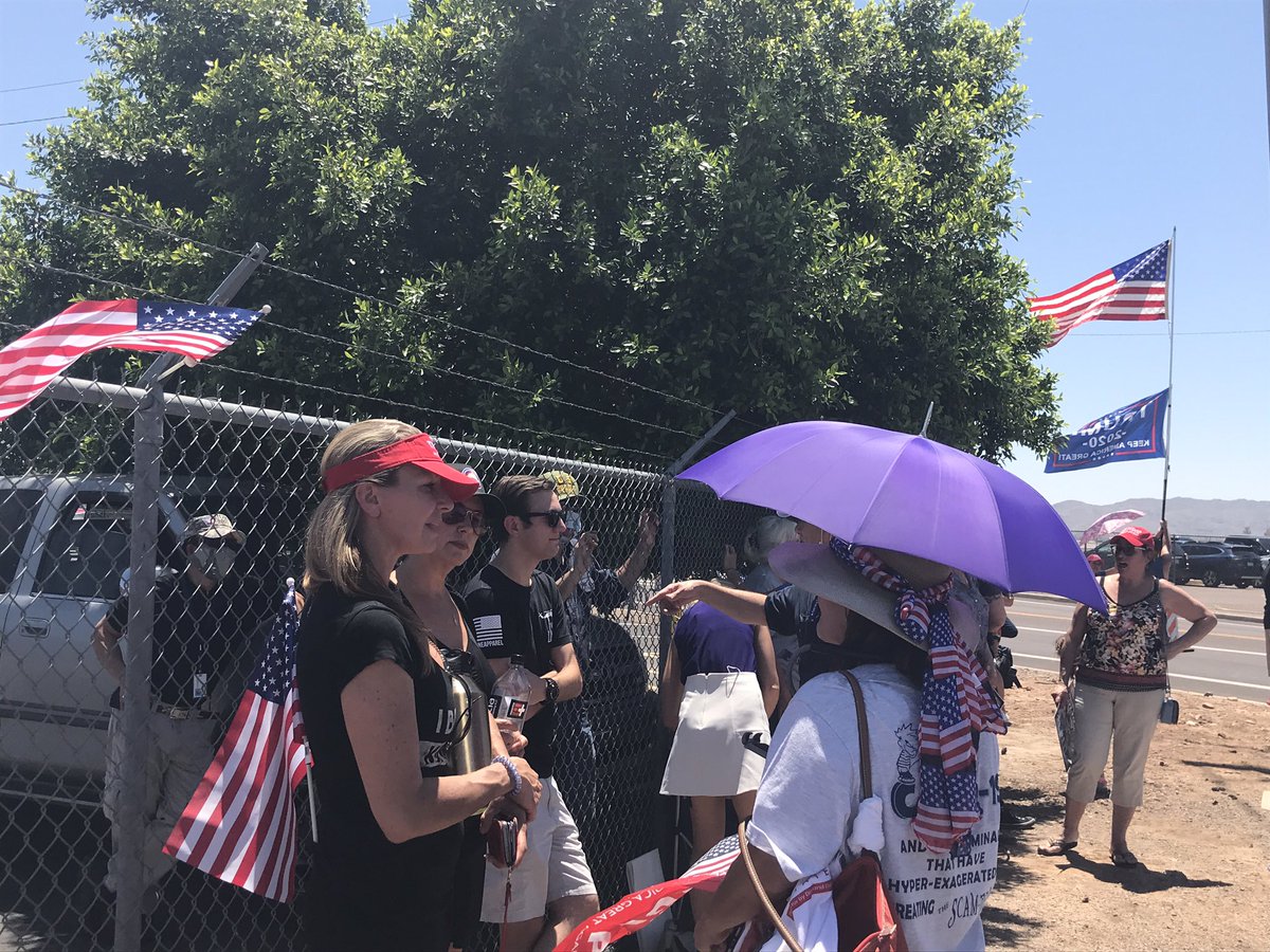 It’s 12:19 pm. I’ve heard Air Force One has landed.Dozens of folks in  #MAGA gear and other apparel in support of the Pres.  @realDonaldTrump are lined up in the hopes of seeing the president as he enters  @Honeywell_Aero.  @azcentral