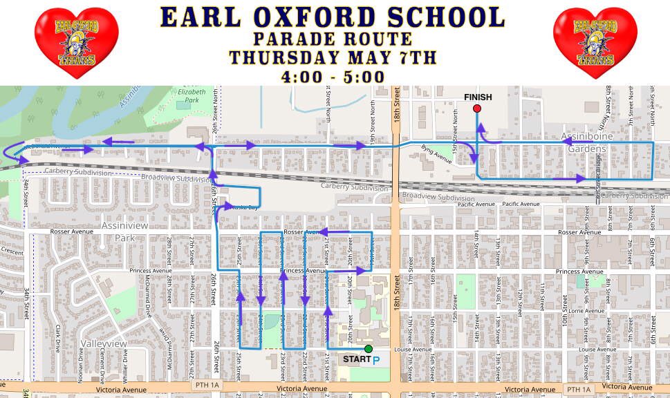 earl_oxford's tweet photo. PARADE ALERT! This Thursday May 7, from 4-5pm we will be parading through a neighborhood near you.  Check out the parade route and if we don’t go by your house, find a spot on the route and give your teachers a wave.  Remember social distancing. PS we love signs and noise makers! https://t.co/tNLfMYGRhZ