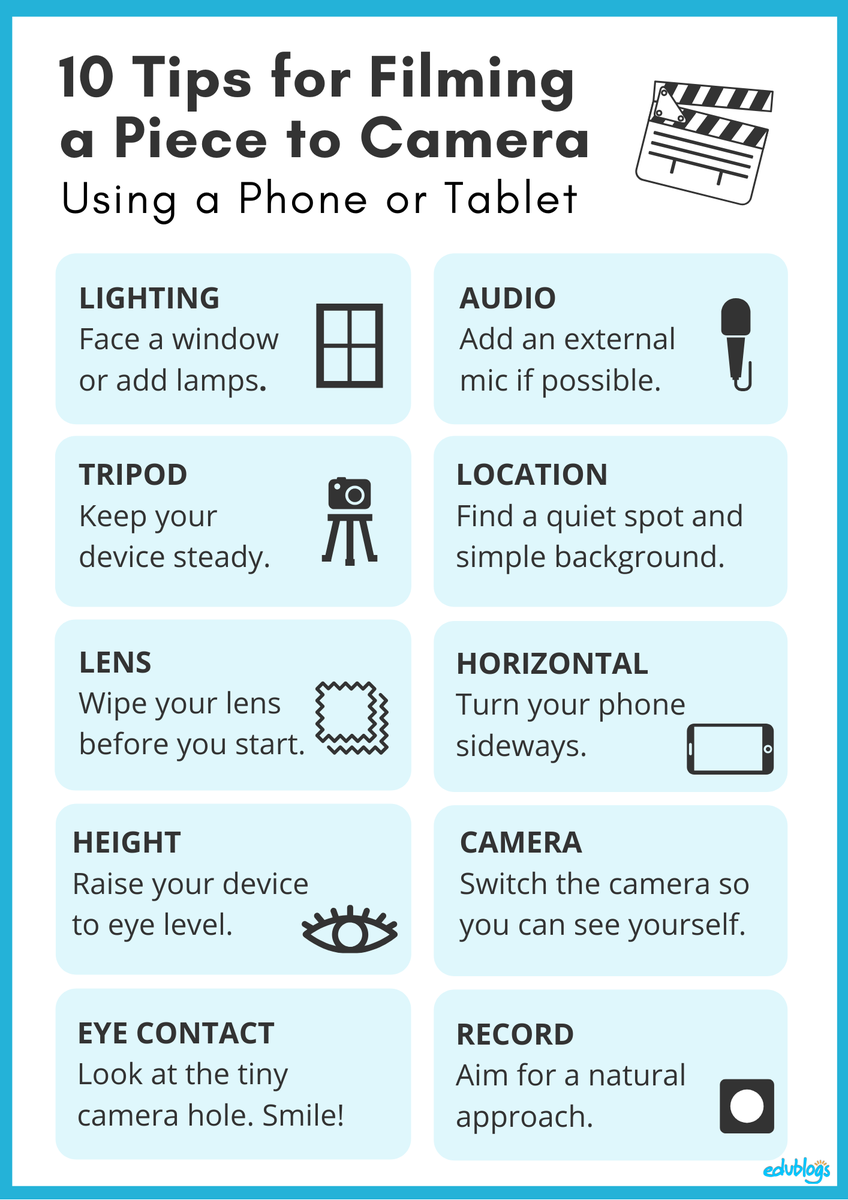 edublogs's tweet photo. Have you seen our 10 tips for filming a piece to camera on your phone/tablet?

There's a printable PDF that you might even want to share with students if they're filming their own videos. 

Check out all our video tips here  👇🏽

https://t.co/kRz4vrv30v

#RemoteLearning #EdTech https://t.co/xnV1N8BEuE
