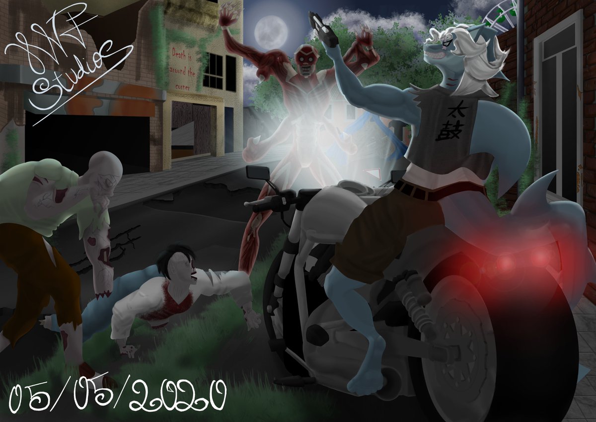 wildforesty's tweet photo. Last November, I went to #UOG2 in Zoetermeer Netherlands, and since then I really wanted to make a drawing of it, as a memento; so here is my fursona with a mix of all games I enjoyed the most (Motorbike racing, zombie apocalipse and Taiko). It was really nice #UnifursityOfGaming https://t.co/9JL6fu5tFm