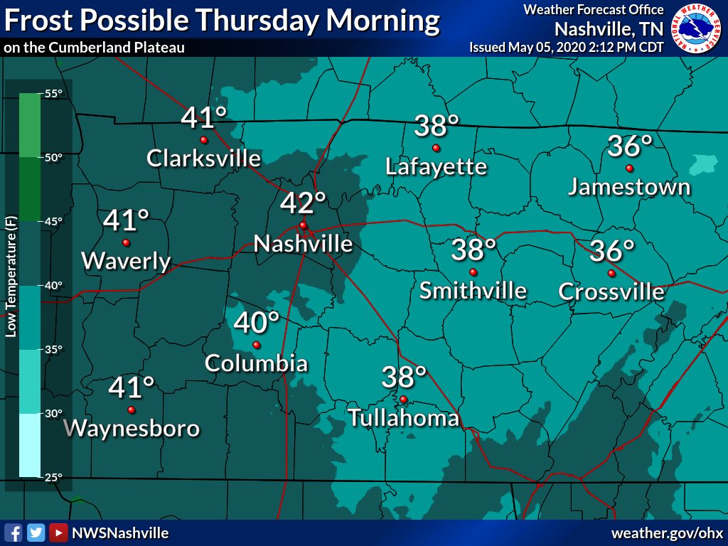 NWSNashville's tweet photo. I come as the bearer of more bad news. No, no severe weather. We're done with that for awhile, but if you're a grower of things and live on the Cumberland Plateau, you'll want to prepare for Thursday morning. Frost is possible. And get this - Saturday &amp; Sunday too - for everyone! https://t.co/YV96C8UUvx
