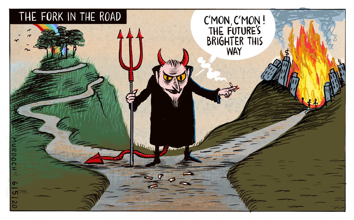 Which direction are we going to take after Covid-19?
My <a href="/NZStuff/">Stuff</a> <a href="/DomPost/">Dom Post</a> #cartoon #climate #economy #neoliberalism #ForkInTheRoad #Covid19 #coronavirus #AKinderWay
