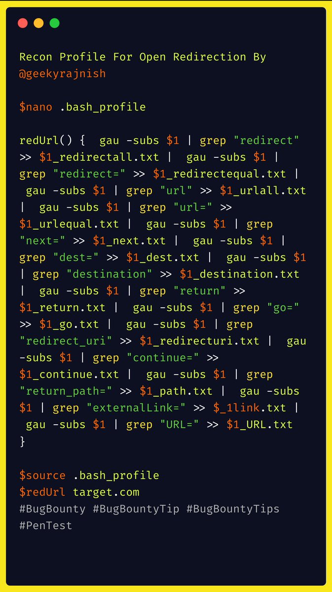 geekyrajnish's tweet image. Recon Profile For Open Redirection 
gist.github.com/geekyrajnish/b…
Thanks @TomNomNom For #waybackurls tool 
@hacker_ For #gau Tool  
#BugBounty #BugBountyTip #bugbountytips #Pentesting 
More Param Suggestions Are Welcome