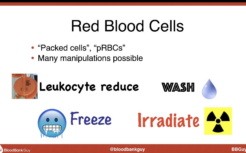 PathologySayah's tweet photo. #OnePathBoardPointAtATime 💉
Washed: Prevent allergic reaction, especially in IgA deficient
Irradiated: Prevent transfusion associated graft vs host disease
Leukoreduced: Prevent Febrile Non-Hemolytic transfusion reaction and CMV transmission
Frozen:Increase storage time https://t.co/kqMPaFpVT4