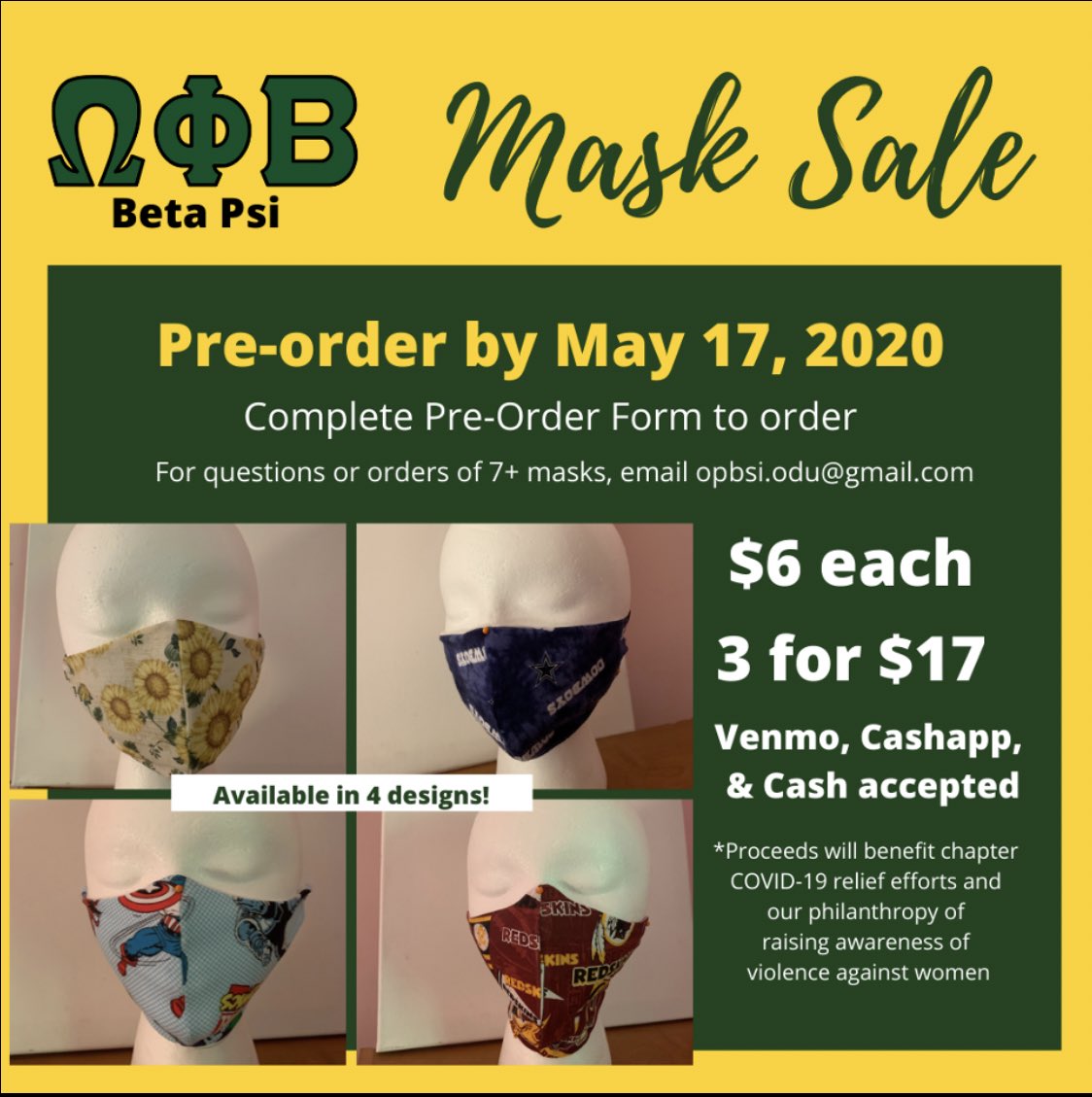 LINK IN BIO TO PURCHASE! Stay safe in style with these hand-made masks😷🌻 Proceeds will fund our chapter’s COVID-19 relief efforts and our philanthropy💛 Note: the earlier you pre-order, the earlier you will receive your mask!