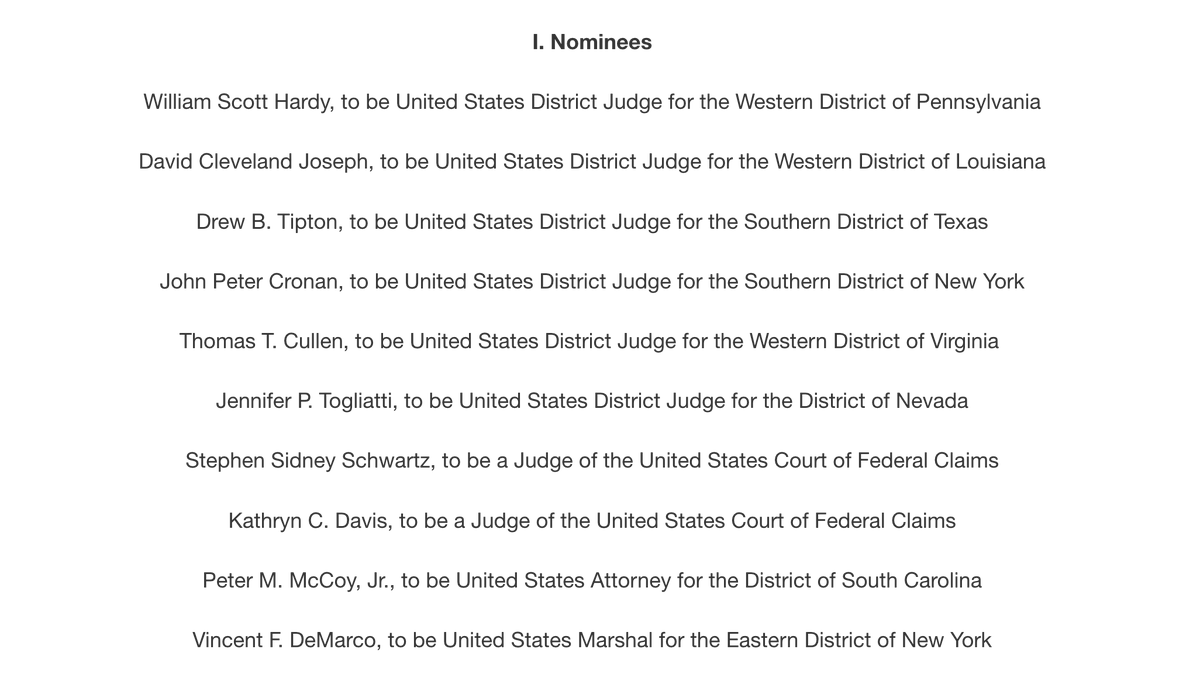 Screenshot of the Judiciary Committee's agenda for their meeting on Thursday, which includes the names of 10 judicial nominees and the courts to which they are nominated. The full details are available at the link in the original tweet.