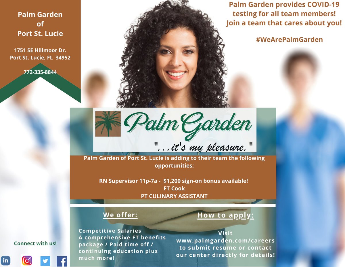 PGRecruit's tweet photo. Join our team at Palm Garden of Port St. Lucie and help make memories for our treasured elders! Visit: https://t.co/RY9bNgii6j to submit your resume! #RNSupervisor #PortStLucie #Culinary #Cook https://t.co/FNHeWt6AFe