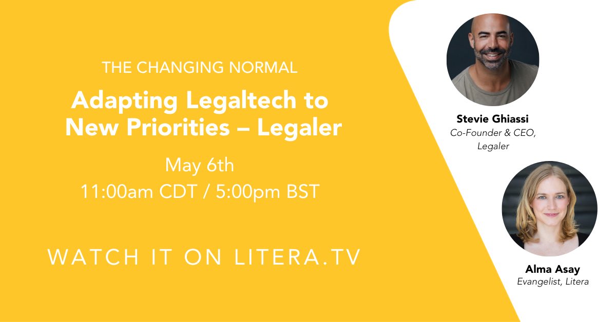 meetcoffeeai's tweet photo. Join evangelist extraordinaire @AlmaAsay from @LiteraMicro tomorrow when she sits down with @LegalerHQ CEO @Ghiassi to discuss the #changingnormal and insights from the @GLTRLegalTech #legaltech #legaltechnology #COVID19 https://t.co/w5lgPWIYbw