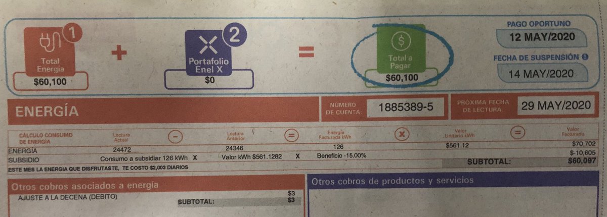 MarceC28's tweet photo. @ClaudiaLopez Sra Alcaldesa quisiera informarle que el servicio de Enel sigue subiendo cada mes, en el recibo de Abril el valor del kWh estuvo en $533.22 y este mes está en $561.12, es el colmo que en vez de aliviar, nos estén cobrando cada día más https://t.co/3CqD2r2n3C