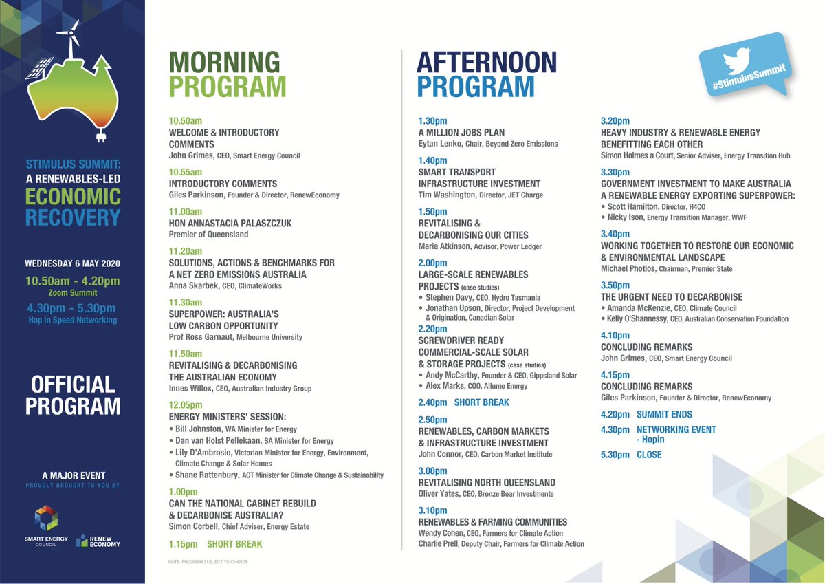 renew_economy's tweet photo. The program for today's #StimulusSummit. Starting at 10:50am https://t.co/NUNPVKevDW https://t.co/nAfzrxD22i