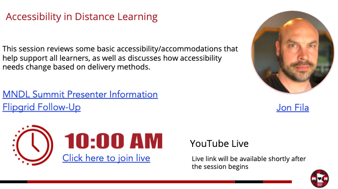 MinnesotaSummit's tweet photo. Did you miss @jontfila on day 2 of #MNDLSummit? You can catch his presentation about Accessibility in Distance Learning on our Youtube channel! And you can still get CEUs!

https://t.co/YE4pV3pXft https://t.co/dBVpU8cXZ9