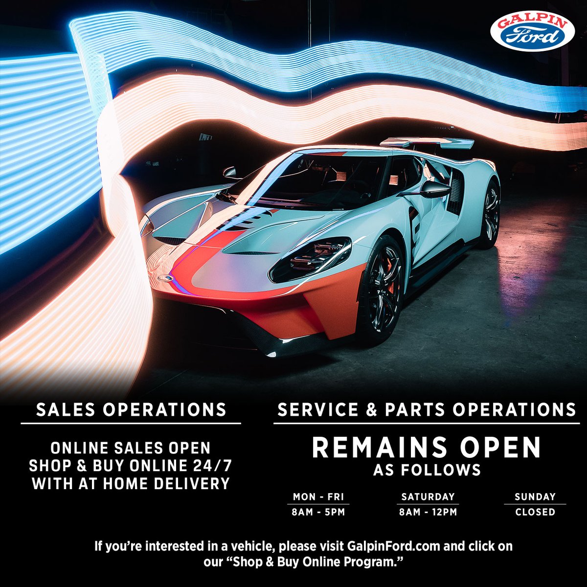 Galpinford's tweet photo. We're here for you and happy to announce that Online Sales is Open 24/7 and we've extended our Service Hours to serve you. ⁠
⁠
As things change, we will be updating you as soon as possible. https://t.co/aXIEiFKJX2