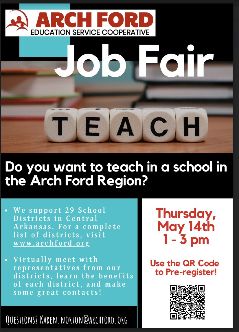 nortnik's tweet image. Looking for a teaching position in central Arkansas? Check out our Virtual Job Fair! @ArchFordESC @ArchFordTech