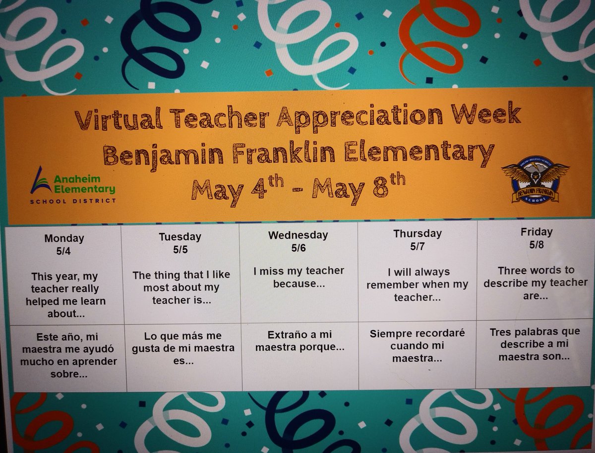 BFranklinSchool's tweet photo. Teacher Appreciation Week. We are thankful and fortunate for our teachers.
Semana de Aprecio a los Maestros. Estamos agradecidos y afortunados por nuestros maestros. https://t.co/rC394NIaS2
