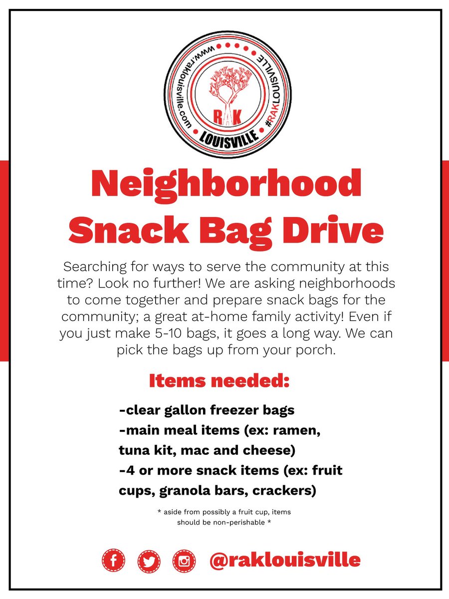 RAKLOUISVILLE's tweet photo. On #GivingTuesday, we are asking our community to come together and give your time &amp; resources by organizing a neighborhood Snack Bag drive
These are difficult days and so many things are out of our control. But, we can choose to be kind, generous and compassionate. #TeamKentucky https://t.co/YquZsYqBOx