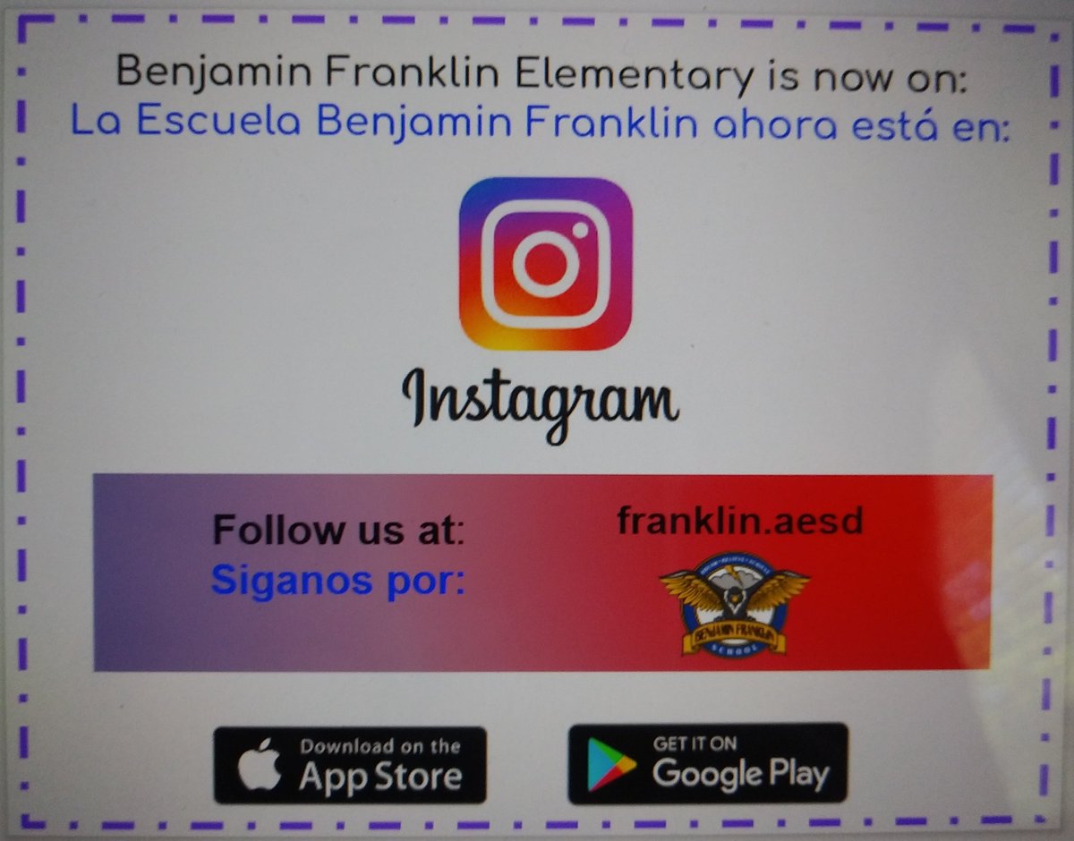 BFranklinSchool's tweet photo. Franklin is now on Instagram! Don't forget to follow us.
Franklin ahora se encuentra en Instagram! ¡No se les olvide seguirnos! @Navarro_PInvolv @AnaheimElem https://t.co/23iUCxkTH3