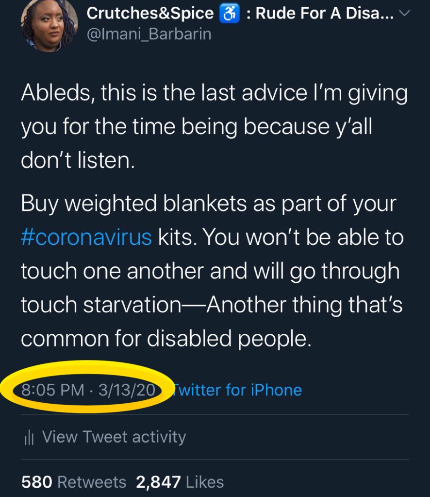 A screenshot of imanis tweet where she recommends Ableds buy weighted blankets as a part of their covid kits.