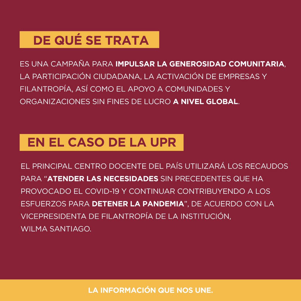 La <a href="/UPR_Oficial/">Universidad de Puerto Rico - UPR</a> se unió hoy al movimiento global #GivingTuesday para allegar fondos a la institución en medio de la crisis provocada por el #COVID19.

Conoce aquí algunos detalles de la iniciativa y el uso que darán a los ingresos. 📚💵