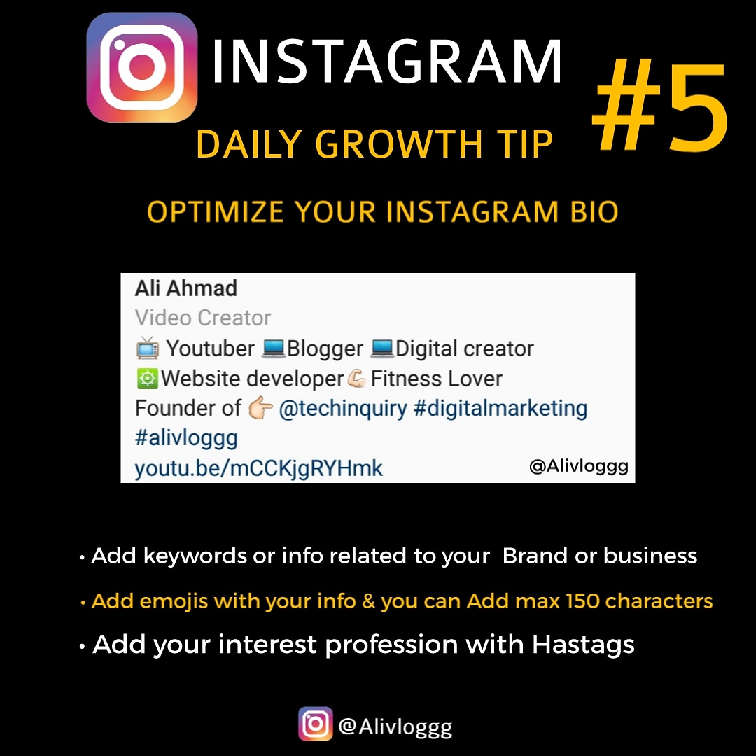 AliVlogg's tweet photo. Instagram daily Growth tips #5
Optimize your bio 

#instagrambusiness #business  #dailytricks #dailytips #workfromhomelife #digitalmarketingtraining #instagramtipsforbusiness #instagramtipsdaily #instagramtricks #factsdaily #instagramgrowth #techinquiry #instagramgrowthtips https://t.co/9fwXzvN3cF