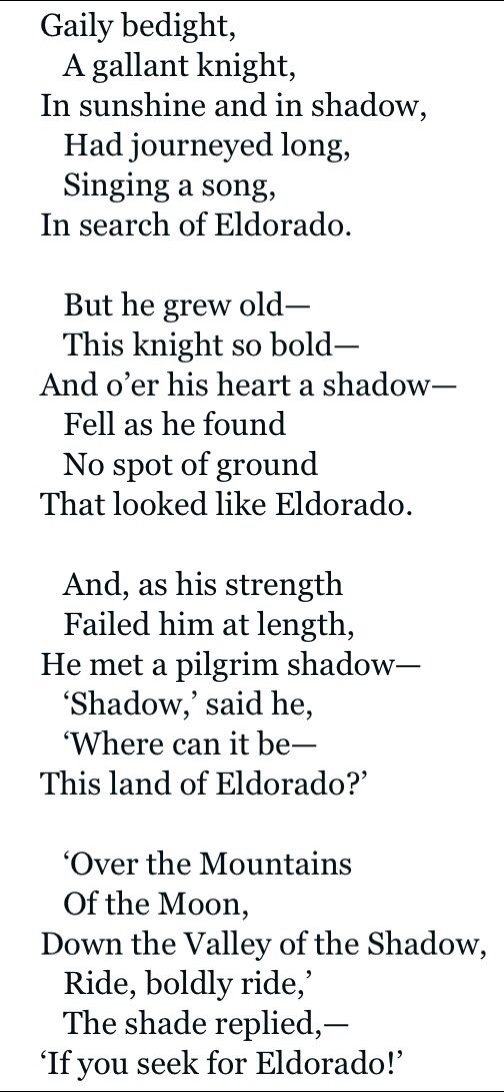 inspiration for the golden colour scheme and long shadows does - of course - come from Eldorado, the 1849 poem by Edgar Allan Poe