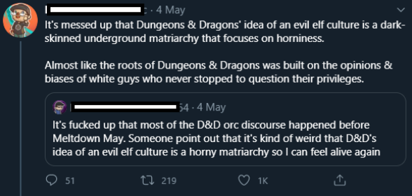 LavenderGhast's tweet photo. Im actually glad I don't play D&D anymore, it looks like its become a minefield. Orcs are racist, Drow are racist, having goblin enemies is racist, saying ''race'' is racist. They must be exhausted seeing evil and ill intentions in everything. https://t.co/9q2aDOU0VF