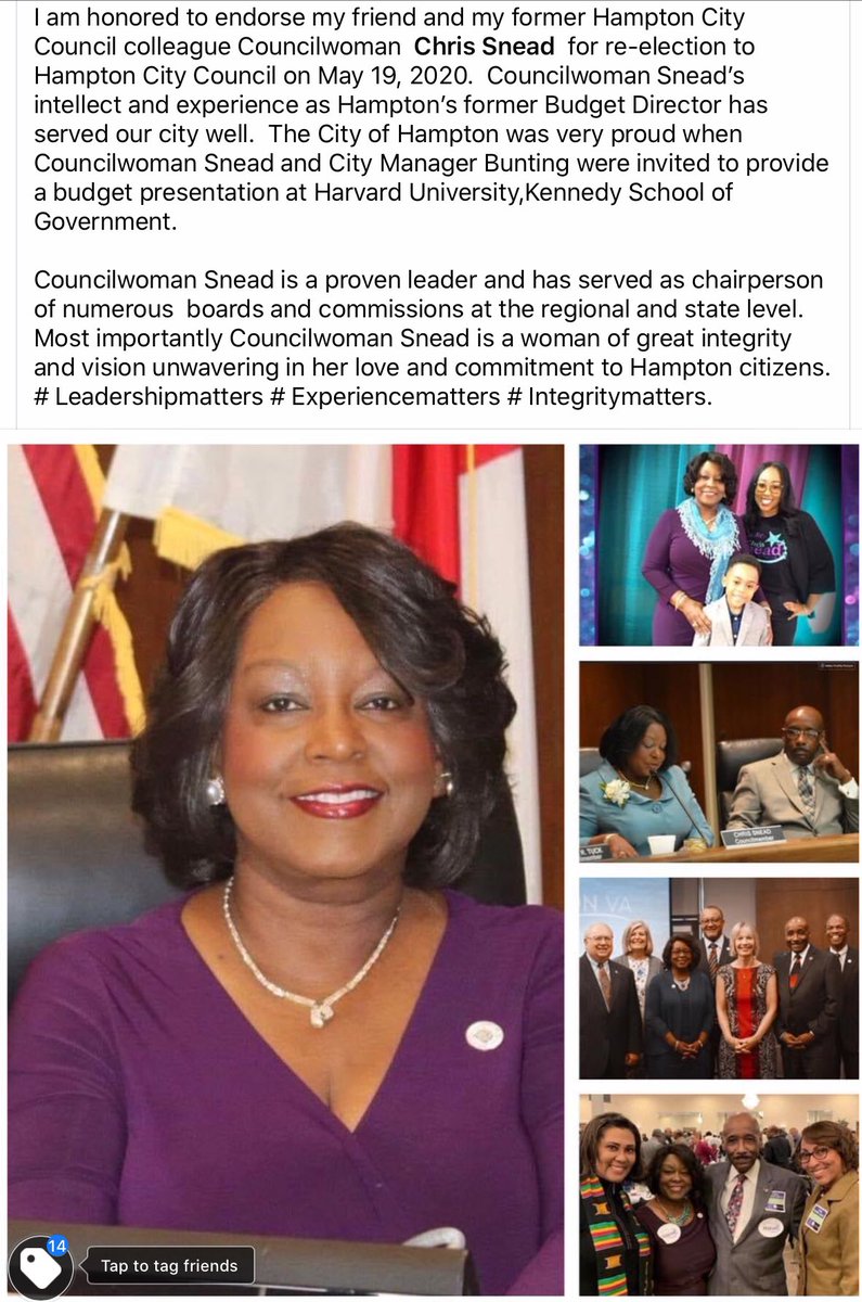 wmoffett757's tweet photo. I am honored to endorse my  friend and former City Council colleague Councilwoman Chris Snead. Join me on May 19th to 
re-elect Councilwoman Chris Snead to Hampton City Council
@CSnead4Council @AntonABell2012  @BillyHobbs1  @DonnieTuck https://t.co/cmqIOlEEtp
