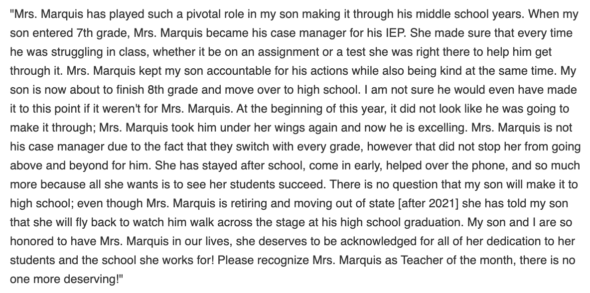 Dist158's tweet photo. Congratulations to Mrs. Marquis for being named the @Star1055 / Home State Bank Teacher of the Month! Read her amazing nomination letter from a former parent below. https://t.co/rjei0WUtSR