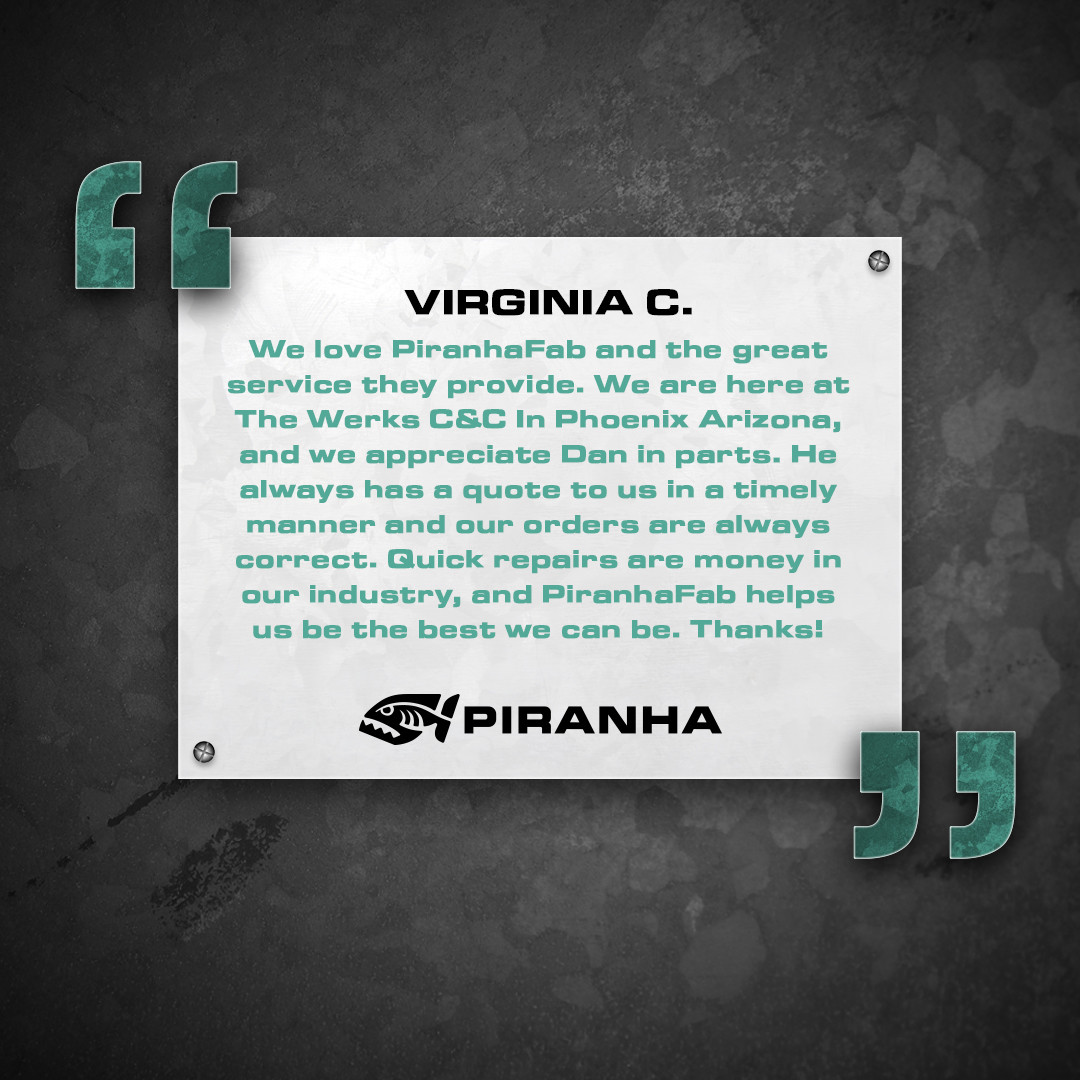 PiranhaFab's tweet photo. Our quality and customer satisfaction speak for themselves, but we still enjoy the personal testimonies of how we are helping you in your shop.
Thank you, Virginia, we are proud to serve great customers like yourself! #PiranhaFab #CustomerFeature #TestimonyTuesday #Review https://t.co/nr6SY3rA1i