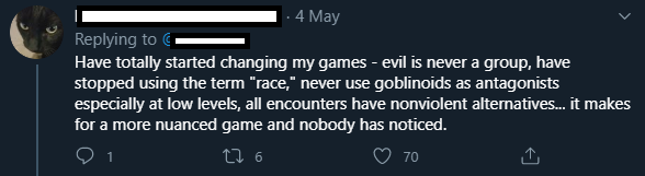 LavenderGhast's tweet photo. Im actually glad I don't play D&D anymore, it looks like its become a minefield. Orcs are racist, Drow are racist, having goblin enemies is racist, saying ''race'' is racist. They must be exhausted seeing evil and ill intentions in everything. https://t.co/9q2aDOU0VF
