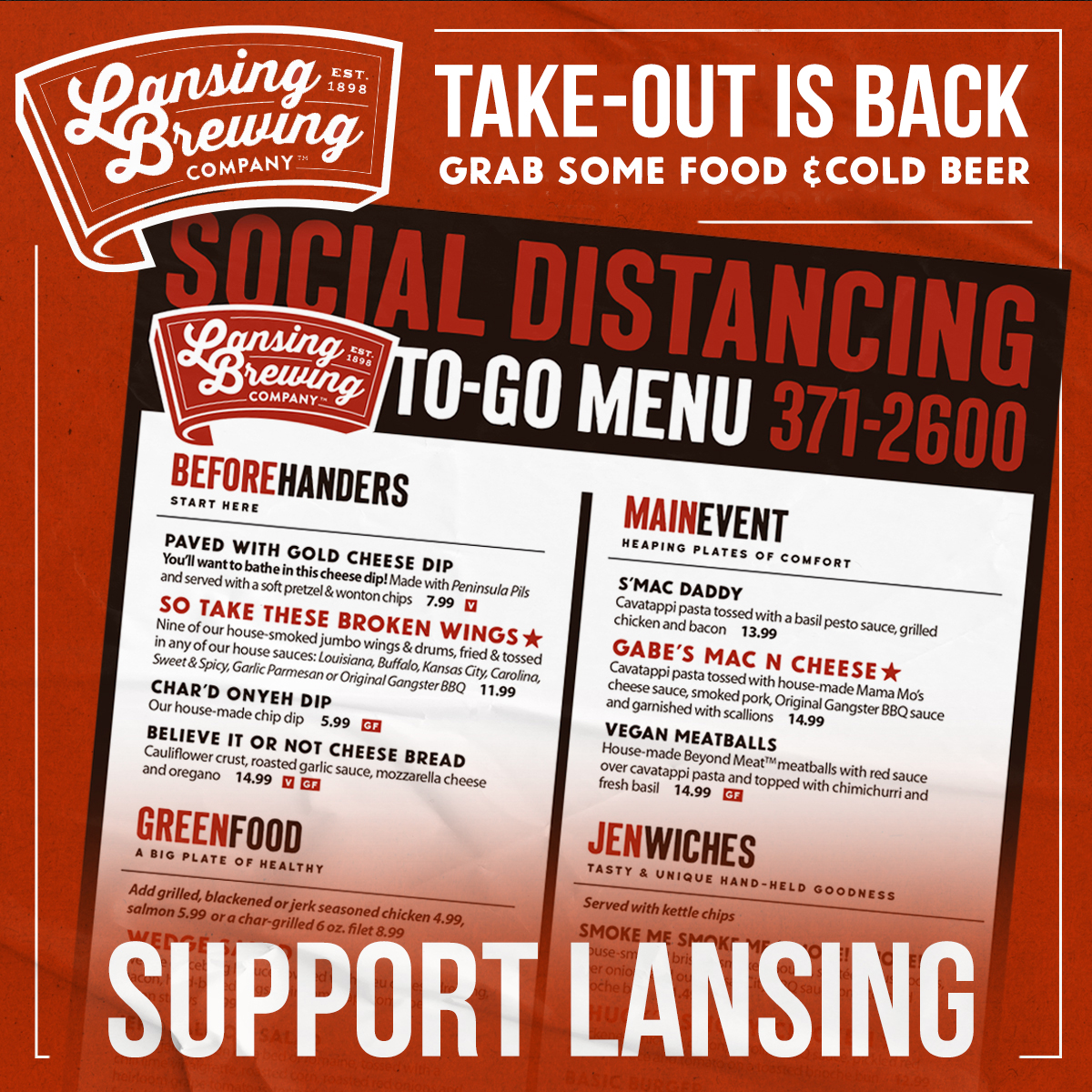 LansingBrews's tweet photo. LBC take-out is back - let us make dinner tonight! Check out our to-go menu at https://t.co/IcHPgXTtyy and call us at 517-371-2600 to place your order for curbside pick-up. We'll be here 'til 8pm waiting for your call! #LansingBrews https://t.co/UICPTl6aCT