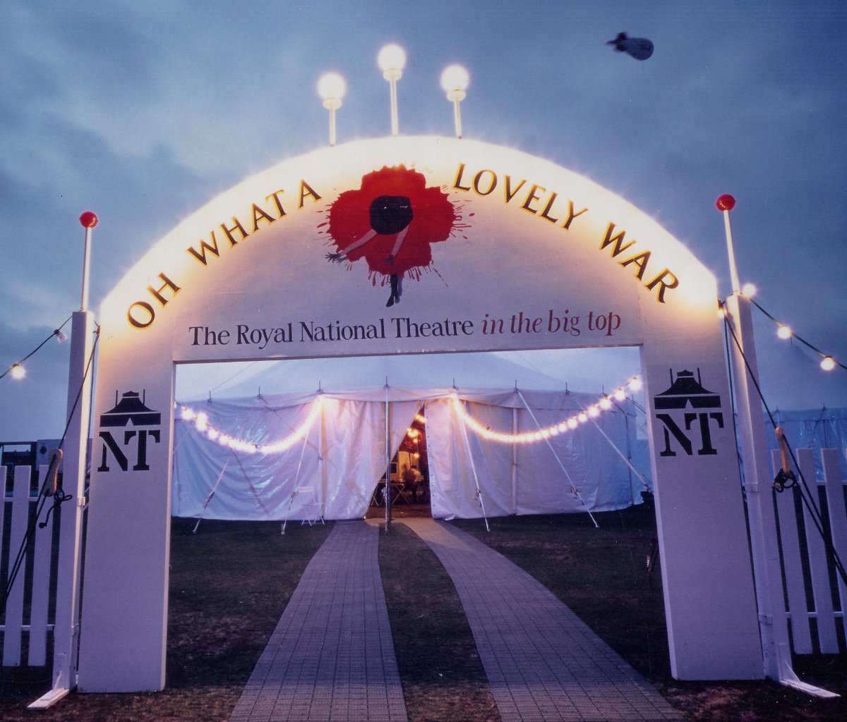 TerriPaddock's tweet photo. Director @fionalaird staged @NationalTheatre's 1998 #OhWhatALovelyWar in a 700-seat big-top tent on #SouthBank & tour. Its circus set was by @tompiperdesign who went on to create the 2014 #WWIcentenary #poppies at @TowerOfLondon, for which he was appointed MBE. #DudleysProgrammes https://t.co/mhL3q5cAzZ