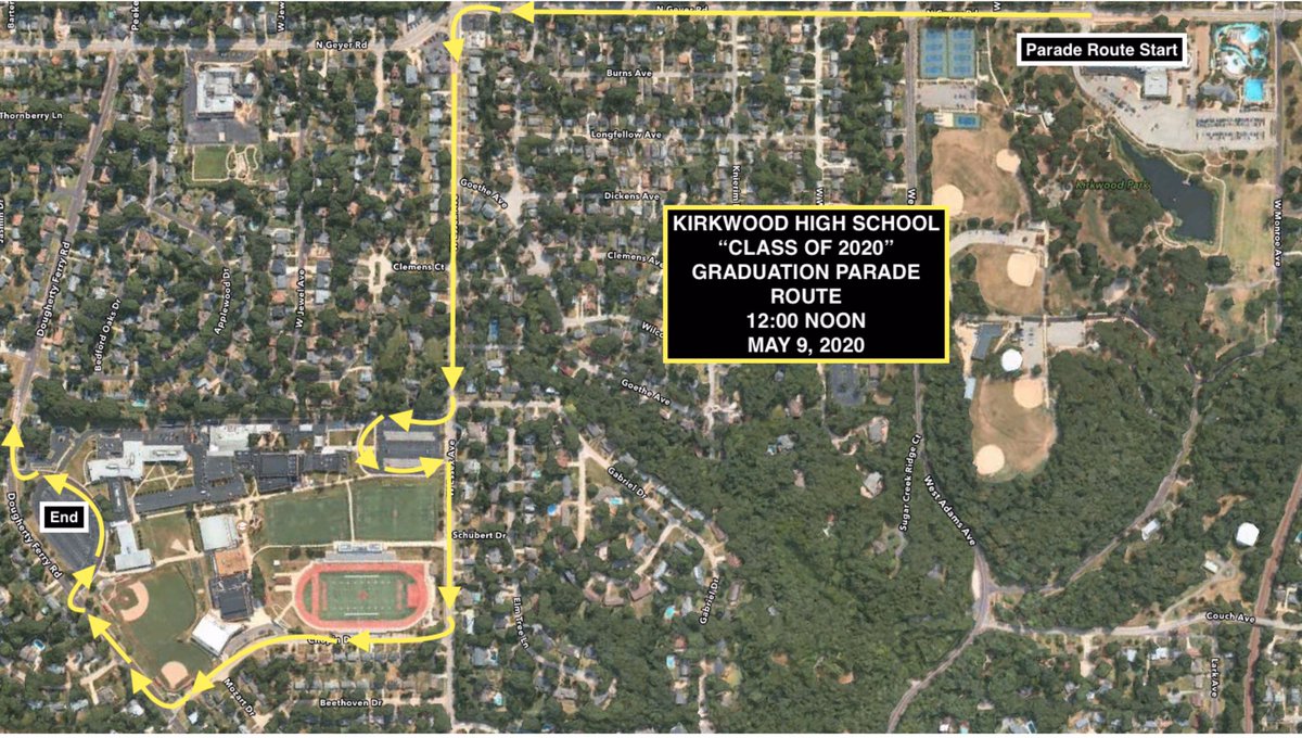 KirkwoodHS's tweet photo. On May 9, 2020 at 12:00 PM (Noon), you can come out and help the Kirkwood High School Class of 2020 celebrate graduating COVID-19 style—we will be having a KHS Class of 2020 Graduation Parade! Please go to https://t.co/myHXflqIxv for more info (including social distancing). https://t.co/2evybJ9wIe