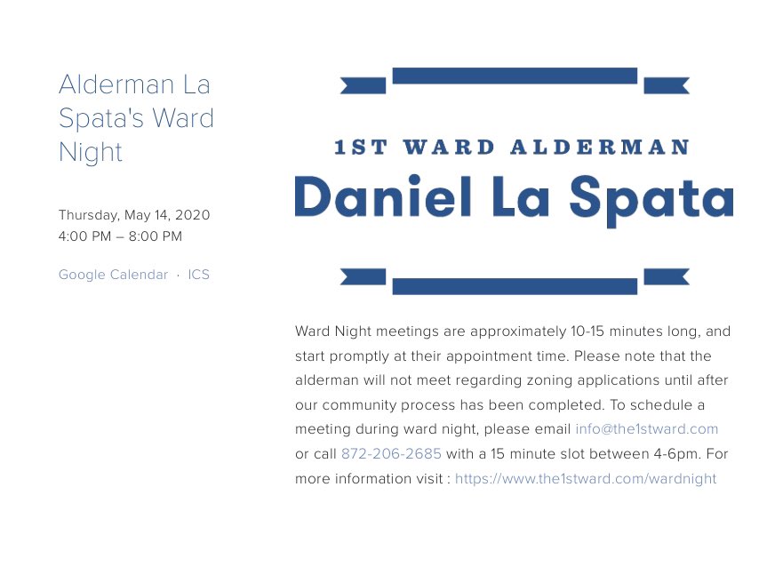 Upcoming virtual ward night with <a href="/AldermanLaSpata/">Alderman Daniel La Spata</a> on May 14th!