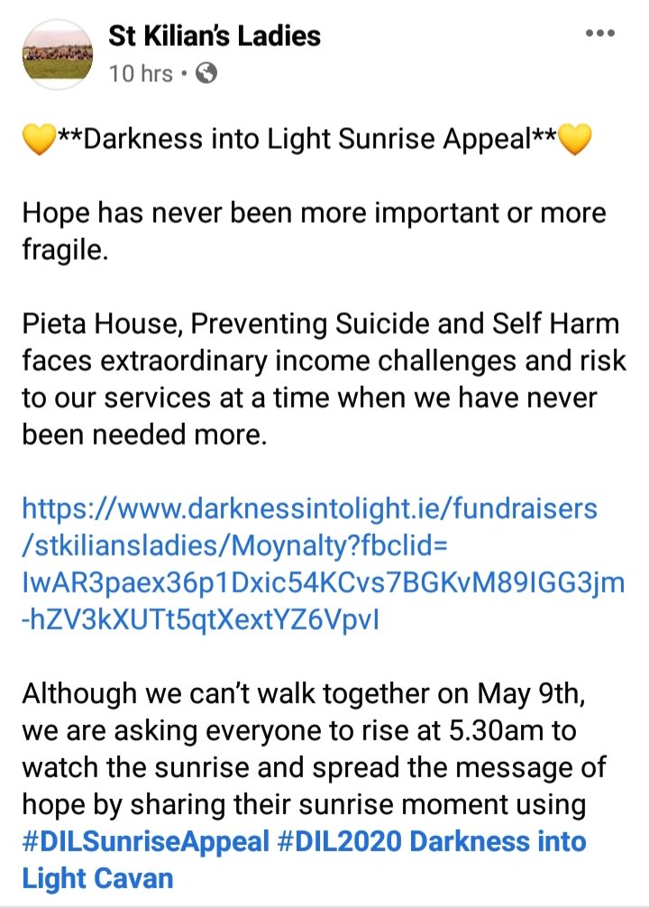 clgcuchulainn's tweet photo. Well done to our ladies team who are doing their bit for Pieta house during this difficult time. Follow their progress on Facebook. Anybody wishing to donate can do so using the link below!! 
https://t.co/HKMnBNzNoB

#Stkiliansladieskmforcharity
#runningtogetherwhilestayingapart https://t.co/RAz4gopw9r