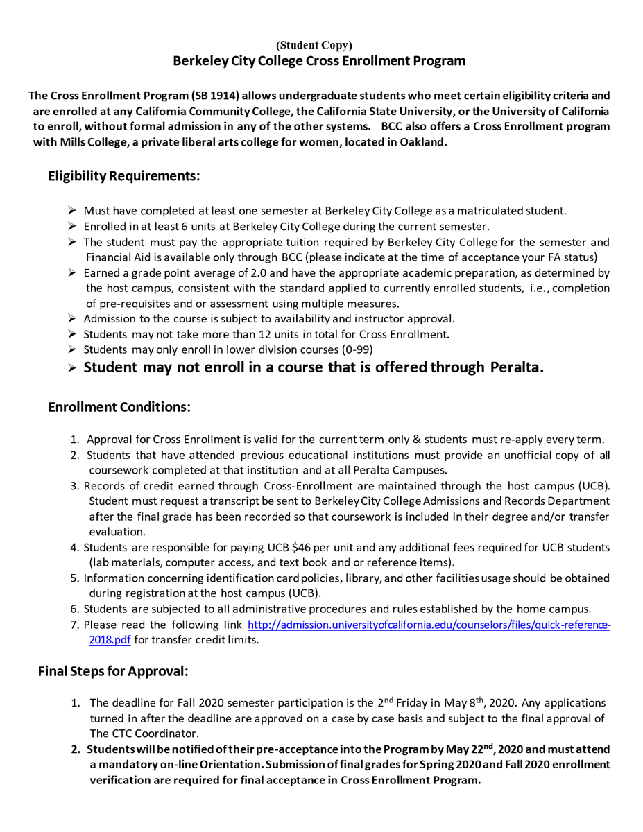 BCC_CTC's tweet photo. Hello all! We would like to remind you that the deadline to petition for Cross Enrollment is this Friday: May 8th. Attached is a copy of the Cross Enrollment form that you can fill out, please send completed forms to our email: bcc-careertransfercenter@peralta.edu https://t.co/KTag4HOtgr