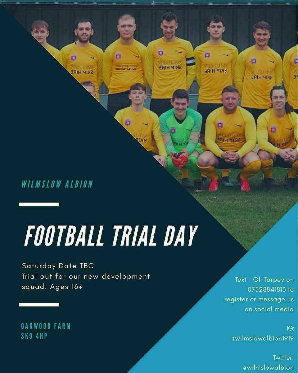 Wilmslowalbion's tweet photo. Wilmslow Albion will be hosting a trial day for our brand new development squad for players aged 16+!
Players from any position are welcome to come to try out. Message manager Oli or our social media pages to register your interest!
#Wilmslow #ManchesterFootball #Cheshire https://t.co/G4EwhoHVB5