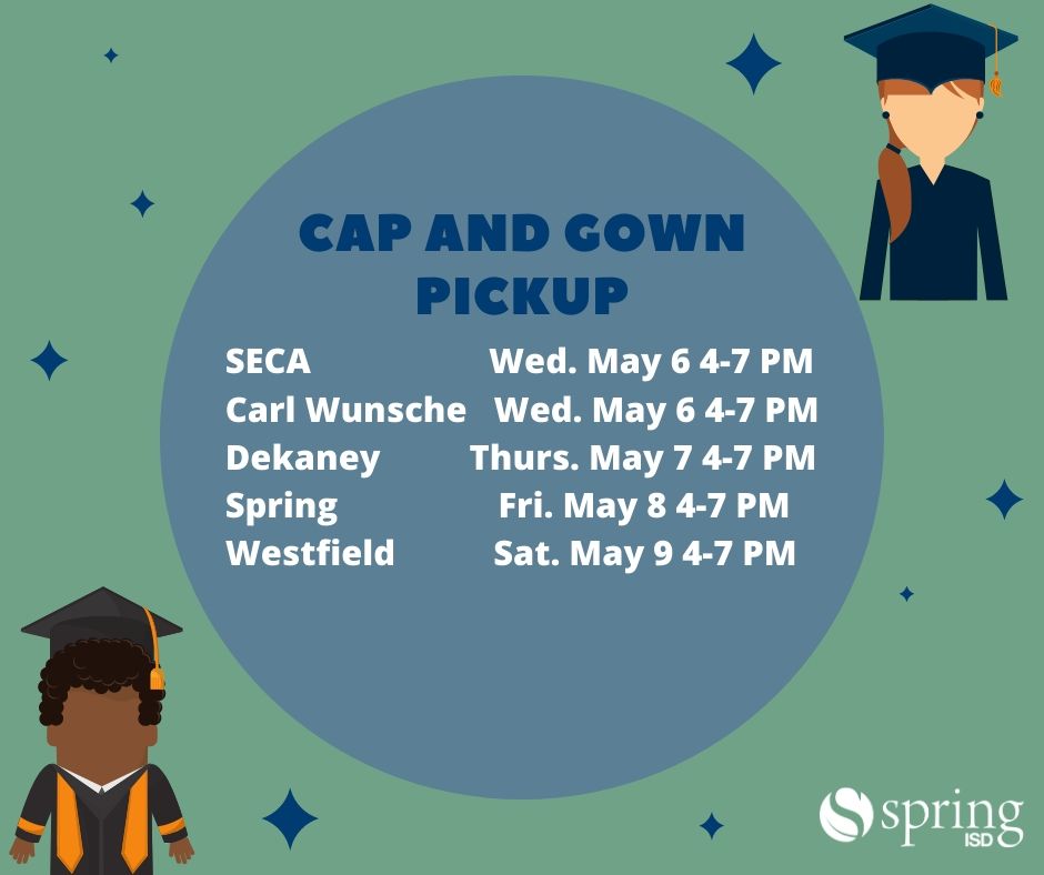 Class of 2020 and Parents,
The time for cap and gown distribution is finally here! Check out the schedule for your school’s pickup date and time. Please check your emails for further pickup instructions. #SpringIntoGraduation