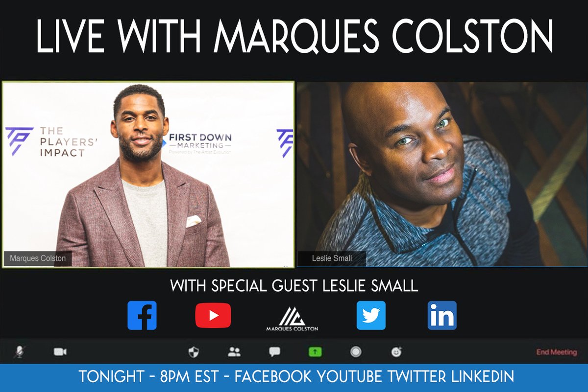 MarquesColston's tweet photo. Going live at 8pm EST w/a good friend #LeslieSmall.
Leslie's a director/producer (worked w/@KevinHart4real on What Now & Let Me Explain). Also got a Ph.D. in Economic Development. Really sharp dude. He's been a mentor & his story is the definition of #creatingseparation. https://t.co/cT2DihZQZj