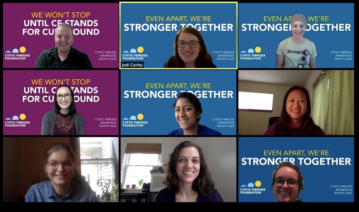 So proud of our #GreatStrides team, composed of #microbiologists! Today we gathered over zoom for a virtual team picture and to raise awareness for #cysticfibrosis.  @CF_GreatStrides <a href="/UIowaMicrobio/">Department of Microbiology and Immunology</a> @uiowabiomed <a href="/CF_Foundation/">Cystic Fibrosis Foundation</a> #cfresearch #pseudomonas