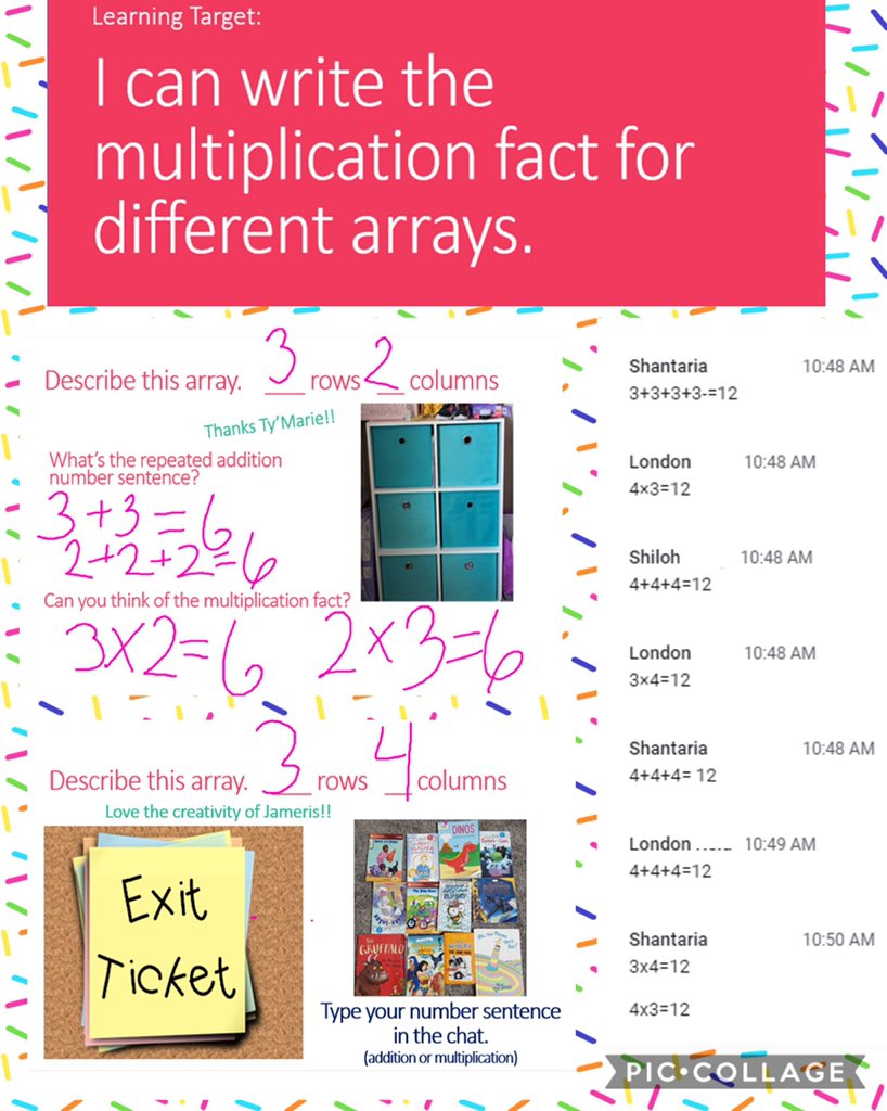 mlutz108's tweet photo. Going above our standard & working on multiplication. #WCE2ndGrade superstars helped w/ my lesson by sending me real life array pics to use in my lessons! And of course we ended with #MathShowAndTell @WCE_HCS #RemoteLearningInHenry #NeverStopLearningHCS @Math_HCS https://t.co/NKGWpiXa1u